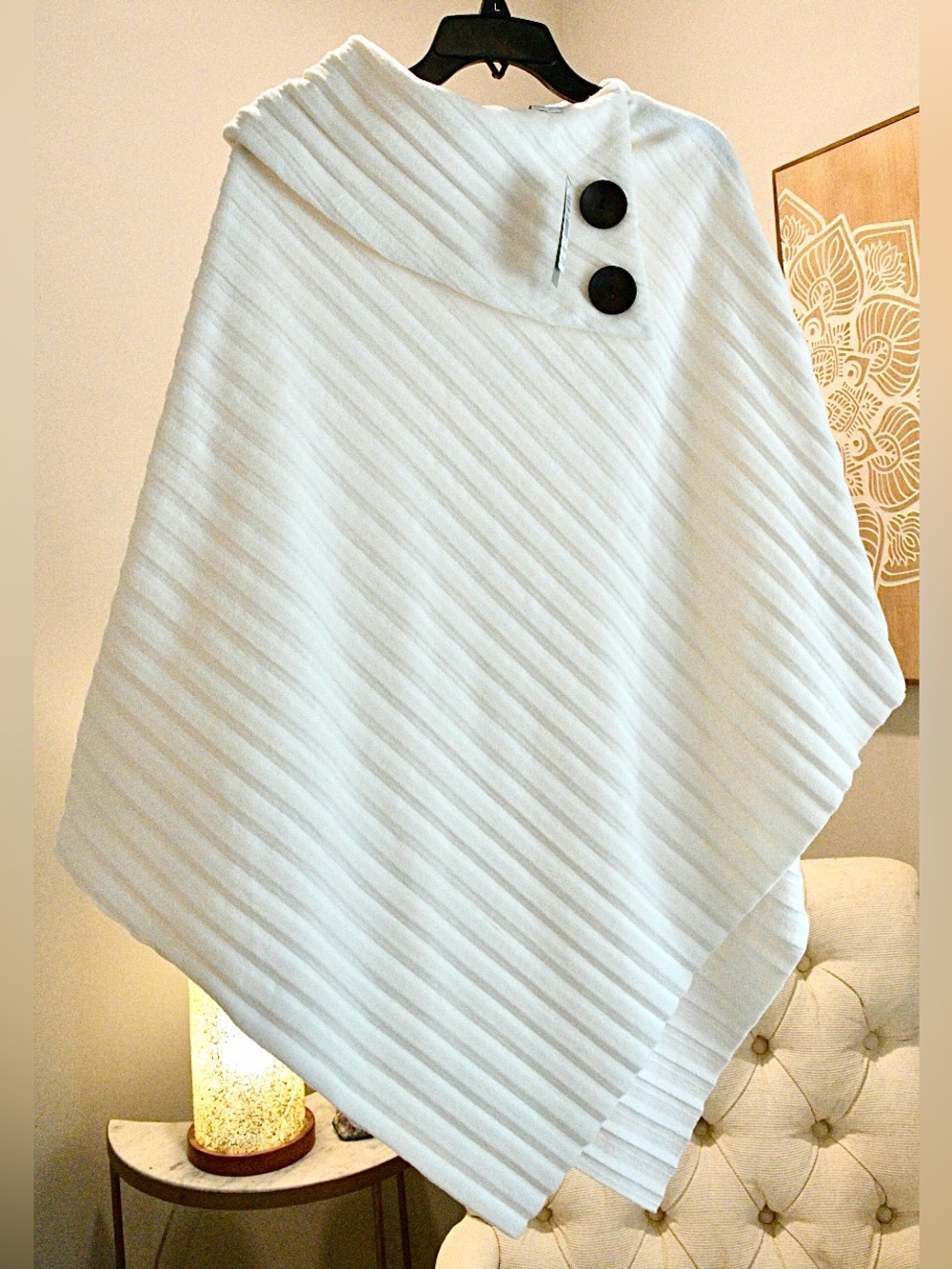 Moda White Ribbed Button-Accent Poncho Sweater